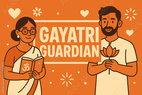 Gayatri Guardian Banner. Gayatri Guardian banner, flat vector illustration, bold oversized text inside rectangular frame, cartoon characters standing and