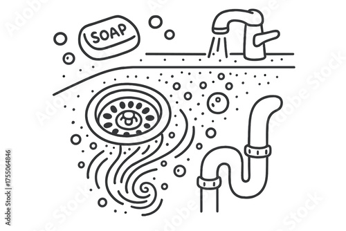 Doodle Drain Detail. Drain Detail. Hand-drawn doodle illustration Drain Detail close-up sink drain strainer plug swirl pipe bubbles water faucet countertop