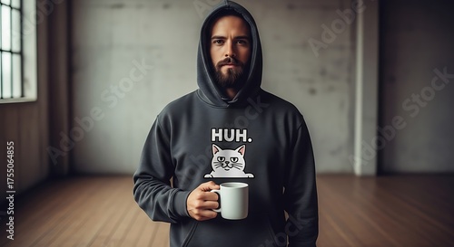 Man in dark hoodie with huh cat graphic holding a white mug in a studio setting