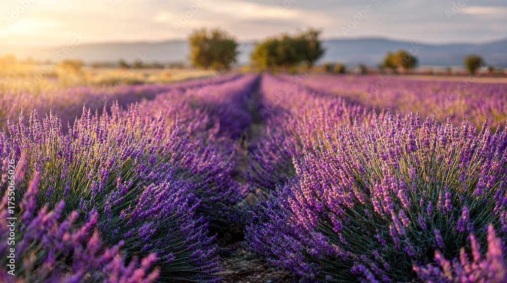 Obraz premium A field of lavender flowers with the sun shining through the clouds, over the mountains in the distance, is a row of trees