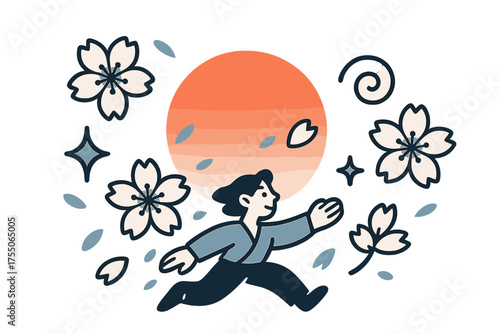 Cherry Blossoms and Sunrise. Japanese influence. Glowing minimal scene with cherry blossoms drifting around a rising sun circle. Floating icons of sparkle,