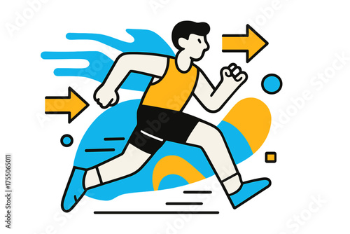 Dynamic Runner Illustration. Person running. Runner with abstract wind trails behind, floating arrows and geometric accents showing speed and agility, playful