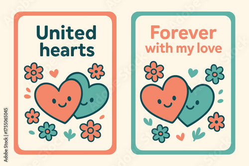 United Hearts Banners. United hearts. Two vertical A6 banners with safe margins, centered composition, no elements touching edges, cartoon, coral and teal,