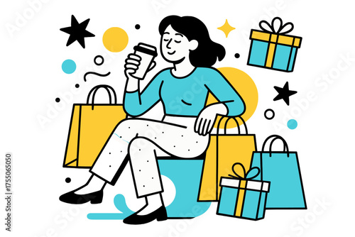 Shopping Break Bliss. Weekend shopping spree. Shopper enjoying a coffee break with shopping bags around, floating stars, gift boxes, and abstract shapes
