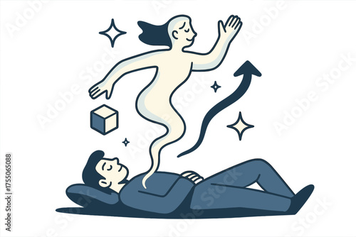 Spirit's Freedom Flight. Out-of-body journey. Glowing spirit figure rising above resting body with glowing tether of light connecting them. Floating icons of