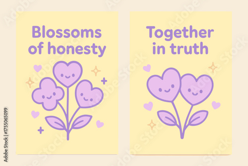 Kawaii Honesty Blossoms. Blossoms of honesty. Two vertical A6 banners with safe margins, centered composition, no elements touching edges, kawaii, pastel