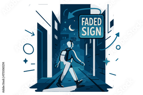 Neon Nostalgia. Faded Sign. Vibrant neon lights illuminating a dark alleyway, with a faint glow of a distant cityscape. A lone figure walks towards the sign,