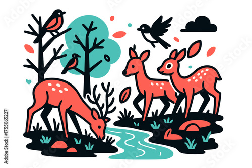 Forest Harmony. forest creatures. A family of deer grazing in the forest, birds perched on tree branches, a gentle stream flowing through. Modern flat-line