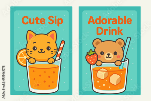 Kawaii Beverage Banners. Fancy Drinks. Two vertical A6 banners with safe margins, centered composition, no elements touching edges, kawaii, turquoise and