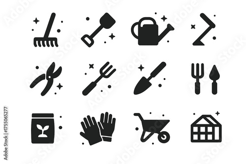 Garden Tool Icons. Gardening Tools. Solid icons set of Gardening Tools: rake, shovel, watering can, hoe, pruning shears, garden fork, trowel, cultivator,