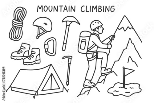 Mountain Climbing Essentials. Mountain Climbing. Hand-drawn doodle illustration mountain climbing climber, mountain peak, rope, helmet, backpack, carabiner,