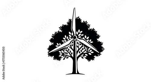 Wind turbine blades integrated into a leafy tree, symbolizing green energy and nature.