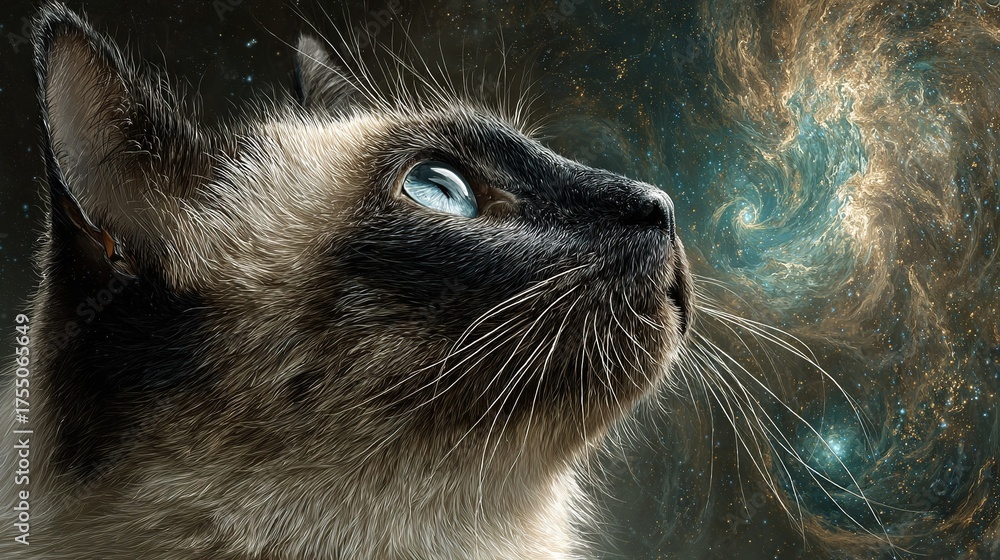 Obraz premium A close-up of a cat's face, gazing upward at the starry sky