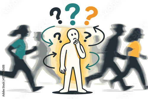 Lost in Motion. Feeling lost. A glowing figure with abstract question marks floating above, crowd silhouettes moving past in blur, arrows circling around