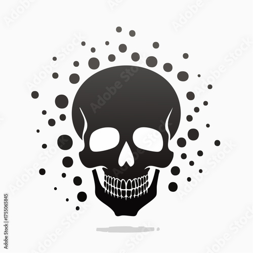 A stylized black skull with a wide grin surrounded by a scattering of black dots on a white background.