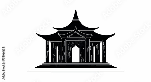 Elegant black silhouette of a traditional Asian temple with intricate details and tiered roof