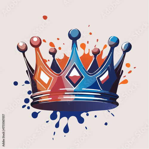 A vibrant crown with red and blue paint splatters, symbolizing royalty and power.