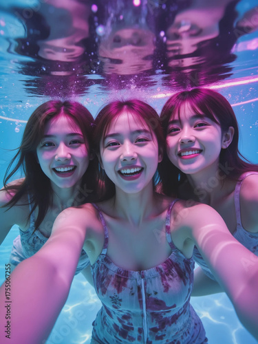 Three girls taking a selfie underwater. Generative AI