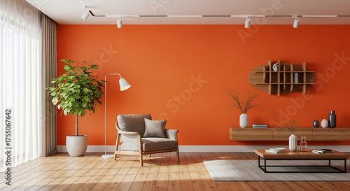 Modern living room interior with orange wall, armchair, plant and decoration