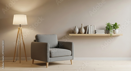 Minimalist interior of living room with gray armchair, lamp and shelf with decor