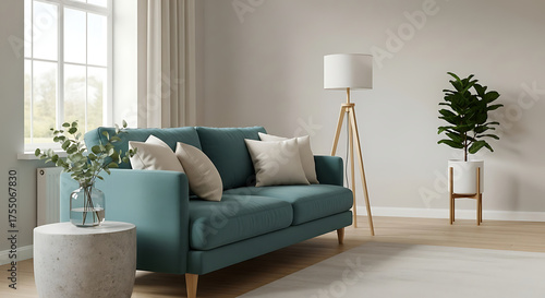 Modern living room interior with sofa, pillows, lamp, potted plant, and window light