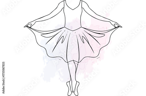Minimalist line drawing a ballet dancer leaping with a watercolor tutu single line jump