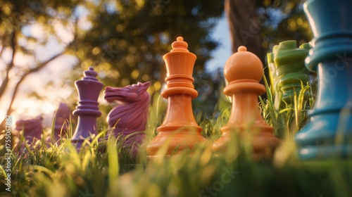 Chess pieces arranged outdoors colorful figures on green grass strategic game scene