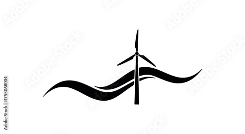 Wind turbine silhouette against abstract wavy lines symbolizing clean energy flow.