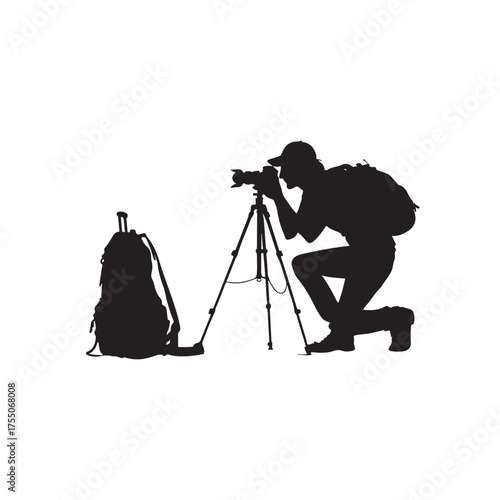 Silhouette of a photographer kneeling with a camera on a tripod and a backpack vector illustration