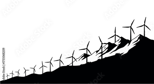 Wind turbines stand tall on a silhouetted mountain range, representing clean energy and a sustainable future.