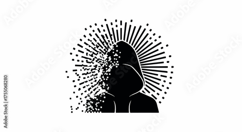 Abstract silhouette of a person dissolving into digital particles against a radiant burst, symbolizing transformation and data.