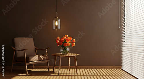 Cozy brown interior with chair, flower arrangement, and window with blinds in sunlight