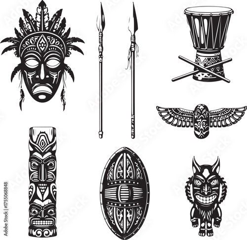 Collection of Black and White Tribal Art Depicting Masks Spears Drum and Figurines Shield Presenting Traditional Cultural Artifacts