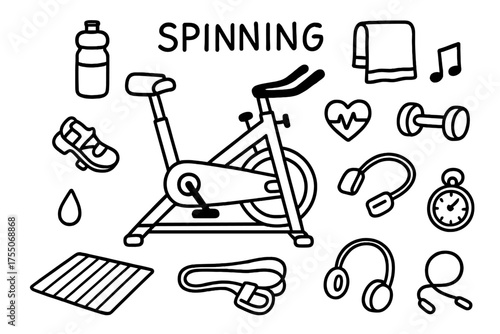 Fitness Doodle Icons. Spinning. Hand-drawn doodle illustration spinning stationary bike, pedals, water bottle, towel, heart rate monitor, music note, dumbbell,
