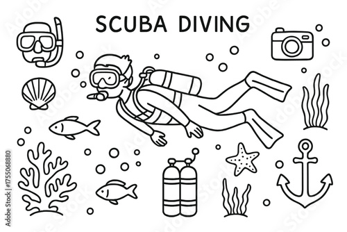Scuba Diving Doodle. Scuba Diving. Hand-drawn doodle illustration scuba diving diver, mask, fins, snorkel, scuba tank, coral, fish, starfish,