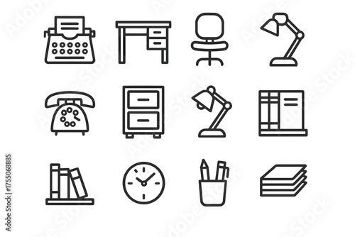 Retro Office Icons. Retro office. Line icon set of Retro office: typewriter, desk, chair, rotary phone, filing cabinet, lamp, bookshelf, clock, organizer, wall