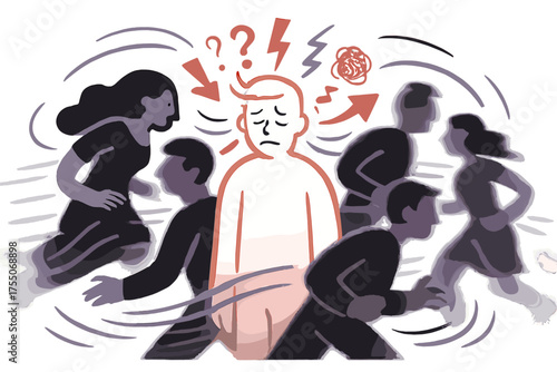 Central Glow in Crowd. Overwhelmed in crowd. Central glowing person with abstract floating symbols representing stress, blurred crowd shapes and motion lines