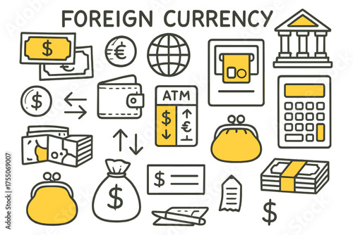 Currency Icons Doodle. Foreign Currency. Hand-drawn doodle illustration foreign currency currency notes (accented), coins, globe, bank building (accented),