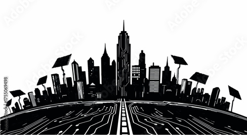 Futuristic cityscape with integrated technology and renewable energy.