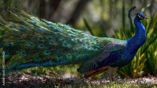   A close-up of a peacock with its feathers spread and its tail raised