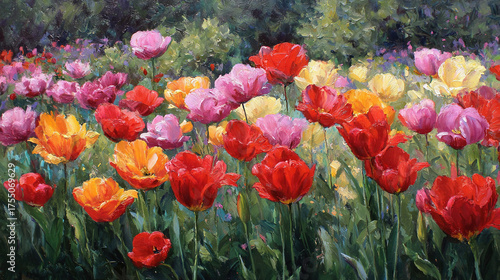   Red, yellow, and pink tulips in a green-purple field with trees