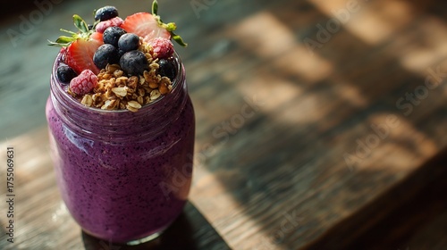  Close-up of smoothie in mason jar, featuring strawberries, blueberries, and almonds on table