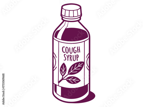 Cough syrup bottle with herbal ingredients and detailed label design. Cough syrup features leaves symbolizing natural remedies for soothing throat discomfort and cough relief.