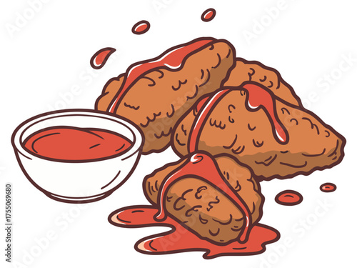 Chicken wings with spicy sauce and dipping bowl. Crispy chicken wings coated in savory sauce with additional sauce spilling over.