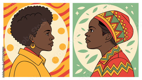 Woman with afro hair in colorful art background showcasing vibrant illustrations of cultural identity and expression.