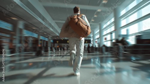 A cinematic handheld shot captures a traveler rushing and running toward the departure gate, conveying urgency, motion, and anticipation as they navigate the bustling airport terminal in a dynamic way