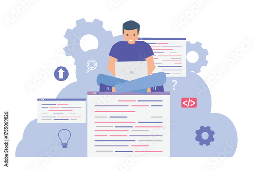 Script coding and programming in php, python, javascript, other languages. Programmer working with laptop online among windows and programs flat vector illustration.