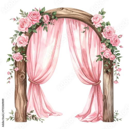 Watercolor image of wooden archway draped with pink fabric, adorned with roses and greenery