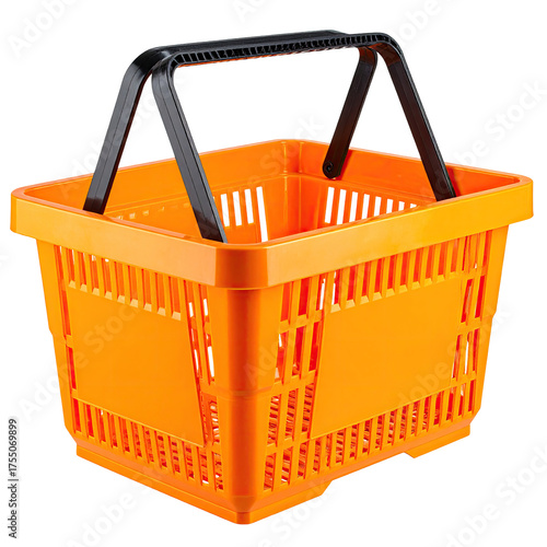 A bright orange shopping basket with a black handle, angled slightly
