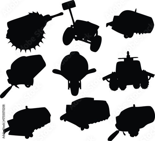 Silhouette Depiction of Diverse Battlebots and Robotic Combat Vehicles Embodying Futuristic Mechanical Warfare and Technological Design with Angular and Rounded Forms